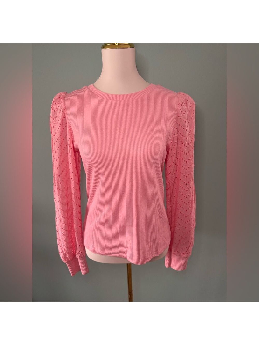 Elegant Pink Ribbed Puff Sleeve Blouse, Medium